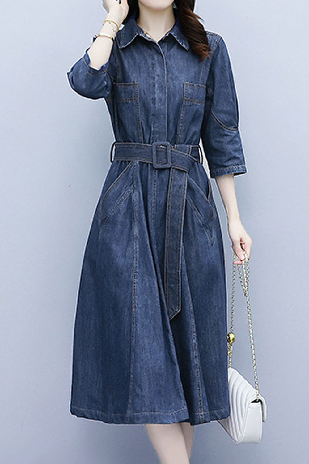 Unomatch Women Stylish Collar Short Sleeve Awesome Solid Colored Mid-Length  Autumn Casual Denim Dress